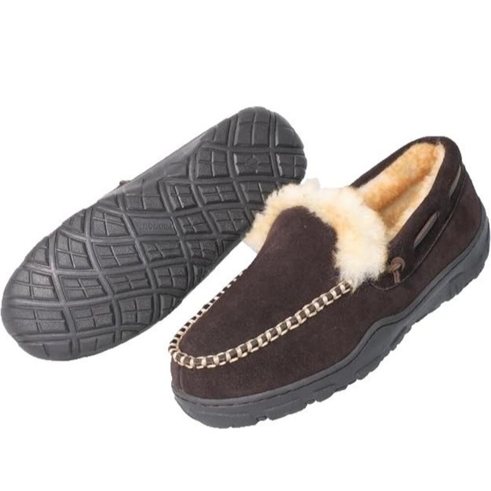 Pedoqu Men's Brown Suede Shearling Lined Indoor/Outdoor Loafer Slipper US 8